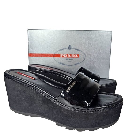 Prada Sport Black Patent Leather Platform Wedge Slides Sandals Women's 39.5/US9.
